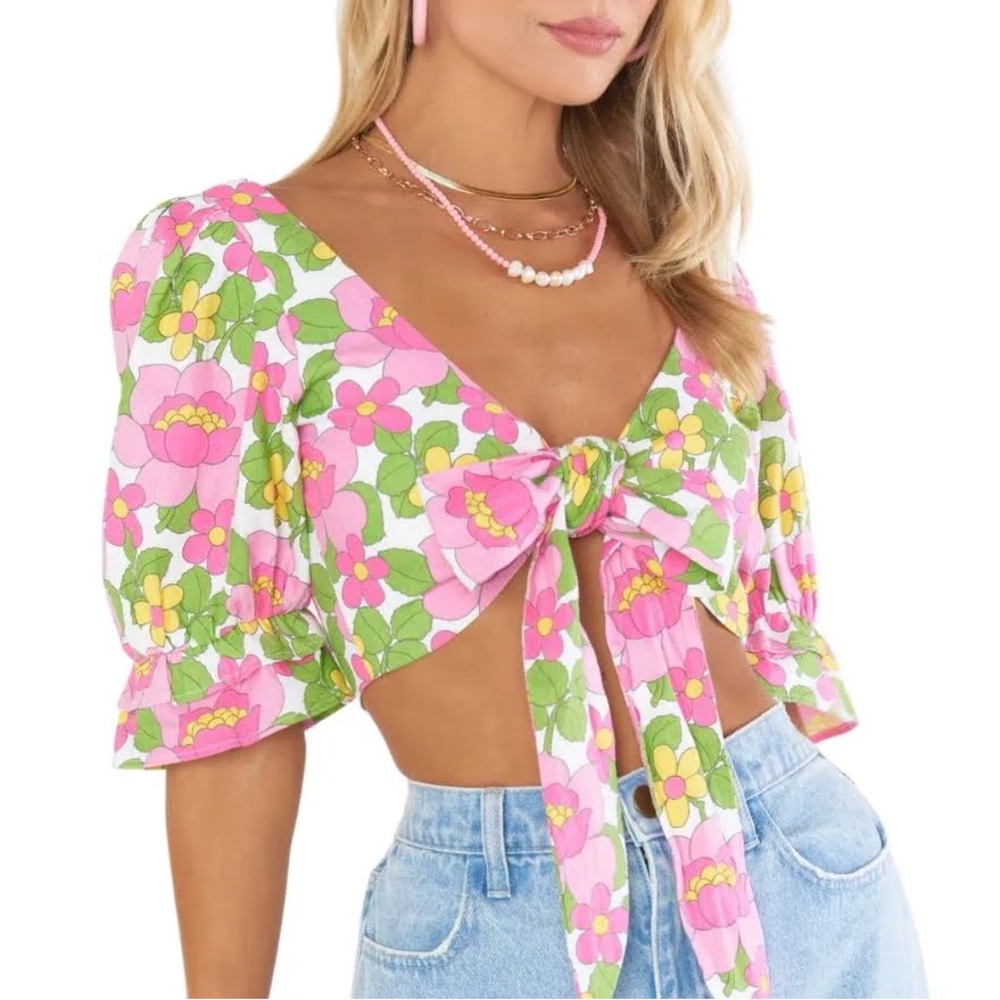 Show Me Your MuMu Fiona Top Sz XXL NEW Fresh Floral Crop Linen Blend Versatile